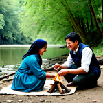 A diverse group of adults and young adults, fully clothed in modest, practical outdoor attire, participating in an authentic cultural exchange activity around a small, safe cooking fire by a serene riverbank in a lush forest. They are sharing stories and traditional food, with genuine smiles and natural poses. The scene is well-lit by natural daylight, showcasing the warmth of human connection and the beauty of nature. Perfect anatomy, correct proportions, well-formed hands, proper finger count, natural body proportions, safe for work, appropriate content, fully clothed, family-friendly, professional photography, high quality.