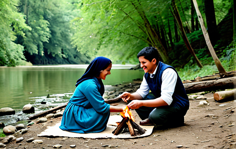 A diverse group of adults and young adults, fully clothed in modest, practical outdoor attire, participating in an authentic cultural exchange activity around a small, safe cooking fire by a serene riverbank in a lush forest. They are sharing stories and traditional food, with genuine smiles and natural poses. The scene is well-lit by natural daylight, showcasing the warmth of human connection and the beauty of nature. Perfect anatomy, correct proportions, well-formed hands, proper finger count, natural body proportions, safe for work, appropriate content, fully clothed, family-friendly, professional photography, high quality.