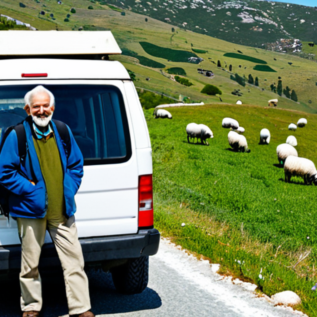 **
"A young traveler with a backpack standing near a road in the Serra da Estrela, Portugal, fully clothed in modest hiking attire. A friendly senior man in a work shirt stands beside a rustic van filled with cheese. Rolling hills and grazing sheep in the background. Safe for work, appropriate content, professional photography, perfect anatomy, correct proportions, well-formed hands, natural pose, family-friendly."
**