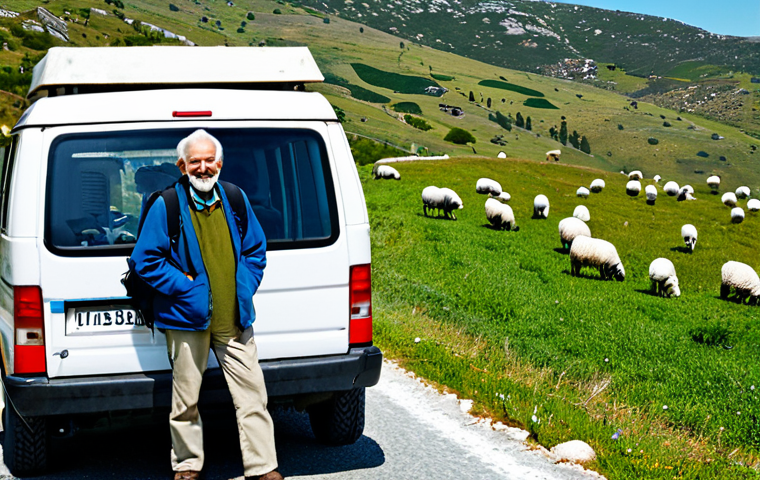 **
"A young traveler with a backpack standing near a road in the Serra da Estrela, Portugal, fully clothed in modest hiking attire. A friendly senior man in a work shirt stands beside a rustic van filled with cheese. Rolling hills and grazing sheep in the background. Safe for work, appropriate content, professional photography, perfect anatomy, correct proportions, well-formed hands, natural pose, family-friendly."
**