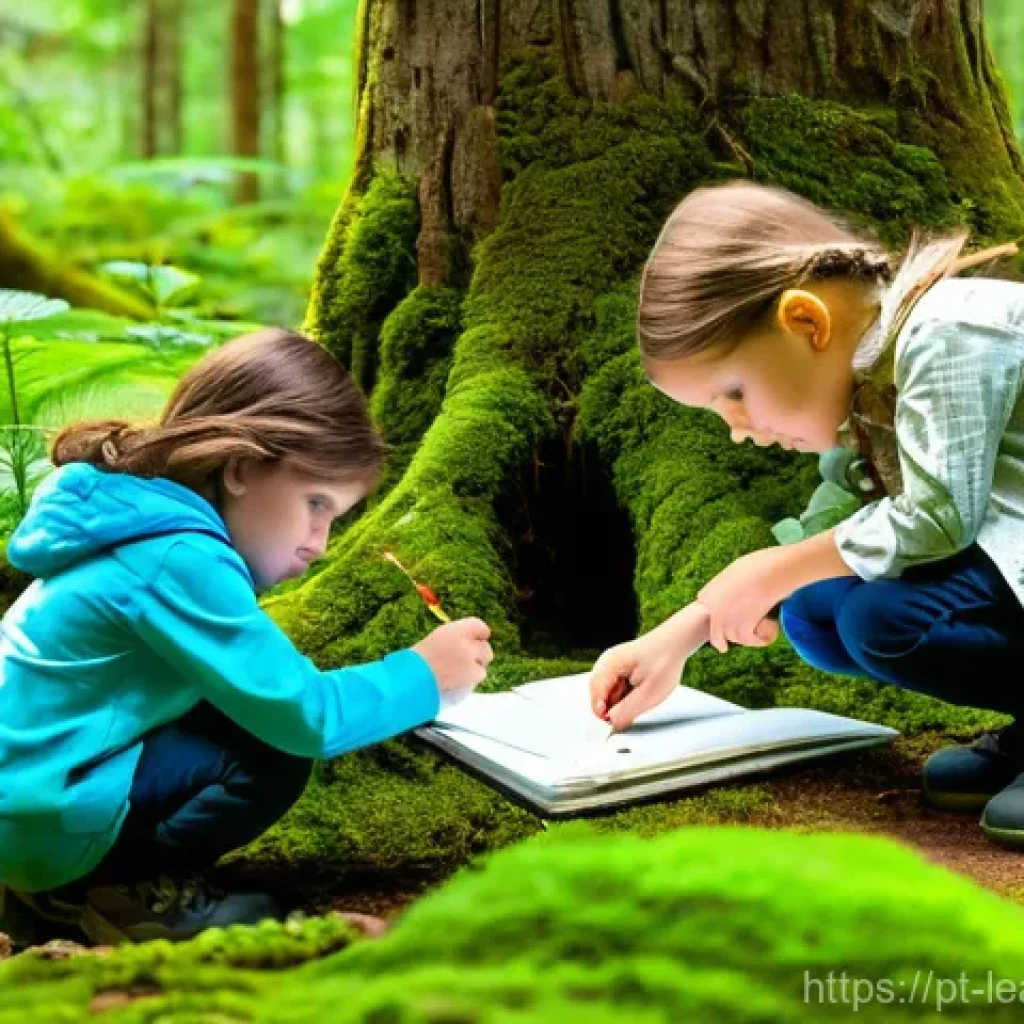 야외 교육 프로그램 설계 가이드 - **Prompt: Nature's Little Scientists**
A diverse group of 6-8 children, aged 7-10, are engrossed...