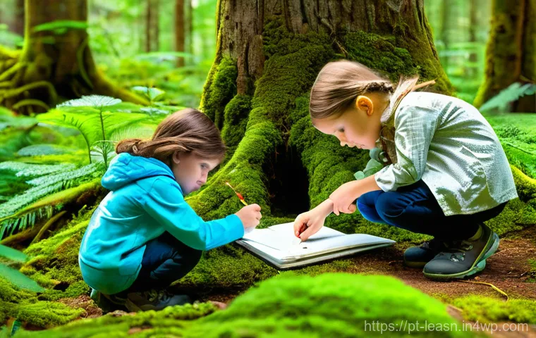 야외 교육 프로그램 설계 가이드 - **Prompt: Nature's Little Scientists**
A diverse group of 6-8 children, aged 7-10, are engrossed...