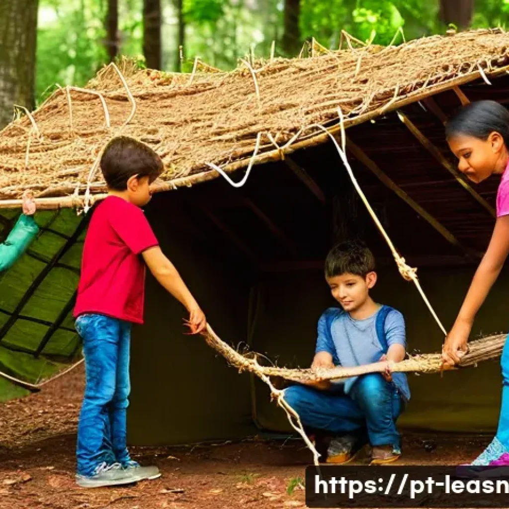 야외 교육 프로그램의 글로벌 사례 - **Prompt:** A group of diverse children (ages 8-10) are collaborating to build a small shelter in a ...