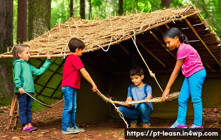 야외 교육 프로그램의 글로벌 사례 - **Prompt:** A group of diverse children (ages 8-10) are collaborating to build a small shelter in a ...