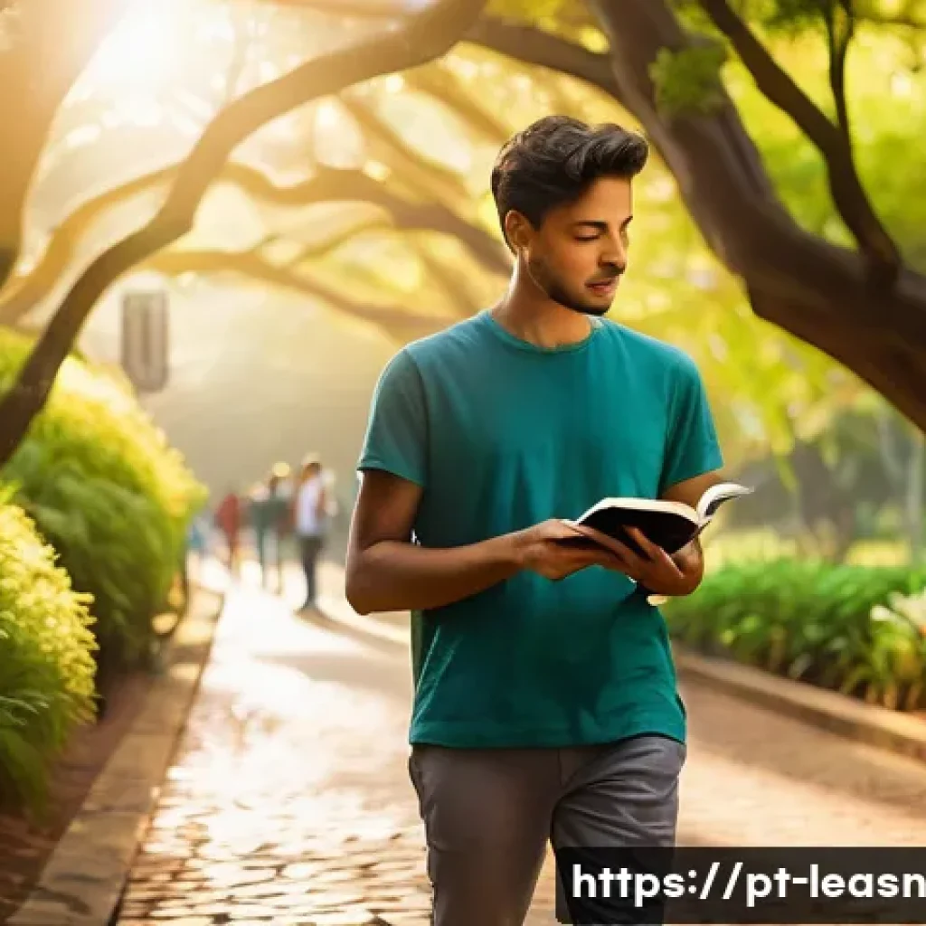 자연 환경에서의 창의력 개발 방법 - A serene urban park scene in Brazil during golden hour, showing a young adult man on a mindful walk ...