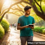 Home 20 자연 환경에서의 창의력 개발 방법 - A serene urban park scene in Brazil during golden hour, showing a young adult man on a mindful walk ...