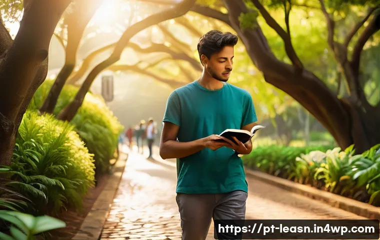 자연 환경에서의 창의력 개발 방법 - A serene urban park scene in Brazil during golden hour, showing a young adult man on a mindful walk ...