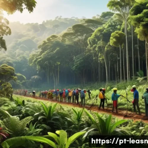 Home 31 자연 속에서의 지속 가능한 개발 교육 - A vibrant outdoor scene showing a diverse group of people participating in a community tree-planting...