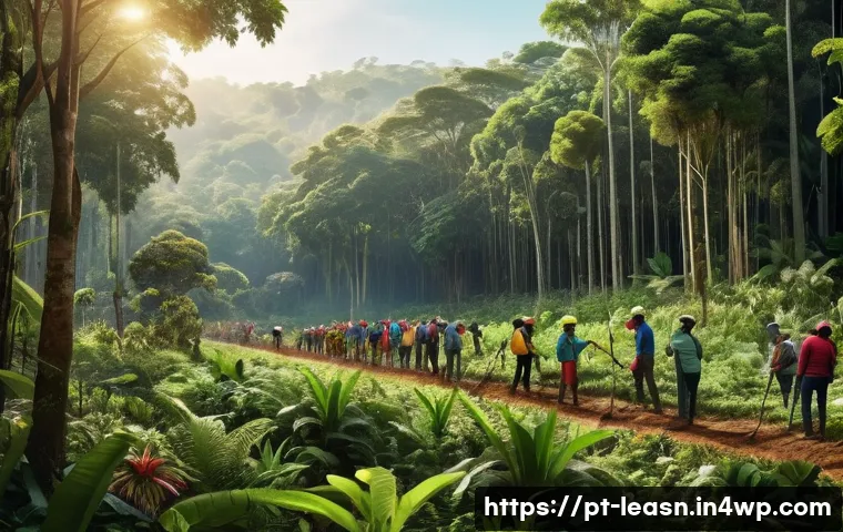 자연 속에서의 지속 가능한 개발 교육 - A vibrant outdoor scene showing a diverse group of people participating in a community tree-planting...