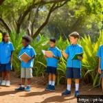 Home 17 학생 중심의 야외 교육 방법론 - A vibrant outdoor classroom scene set in a lush Brazilian park during daytime, showing a diverse gro...