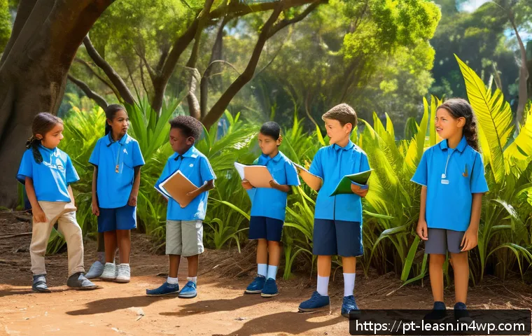 학생 중심의 야외 교육 방법론 - A vibrant outdoor classroom scene set in a lush Brazilian park during daytime, showing a diverse gro...
