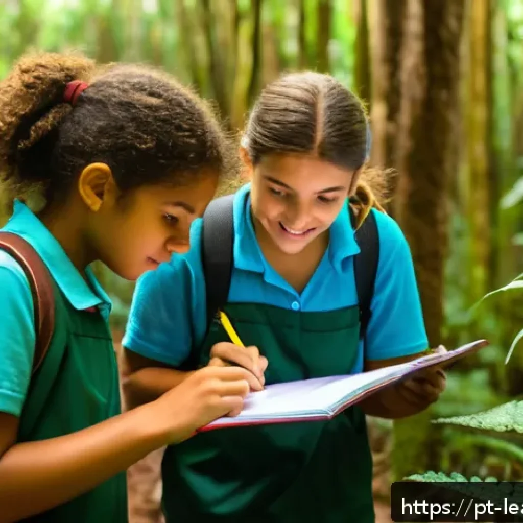 야외 교육 프로그램의 평가 방법론 - A diverse group of young students engaged in an outdoor educational trail in a lush Brazilian forest...
