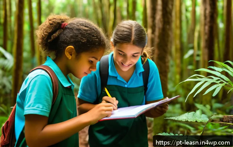 야외 교육 프로그램의 평가 방법론 - A diverse group of young students engaged in an outdoor educational trail in a lush Brazilian forest...