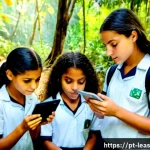 디지털 기기를 활용한 야외 교육 - Photorealistic outdoor science lesson in Brazil’s Atlantic rainforest, a diverse group of middle-sch...