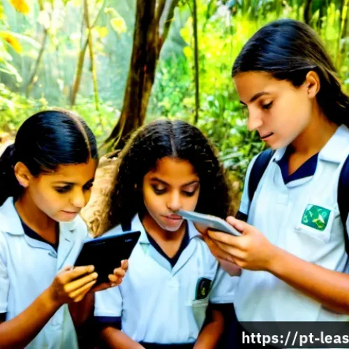 디지털 기기를 활용한 야외 교육 - Photorealistic outdoor science lesson in Brazil’s Atlantic rainforest, a diverse group of middle-sch...