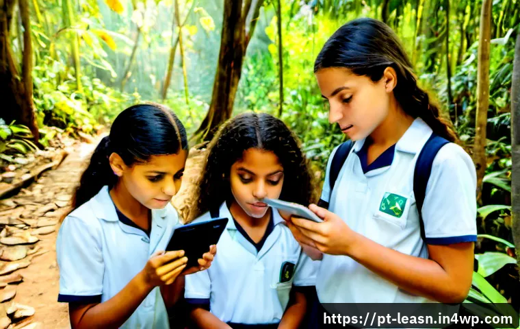 디지털 기기를 활용한 야외 교육 - Photorealistic outdoor science lesson in Brazil’s Atlantic rainforest, a diverse group of middle-sch...