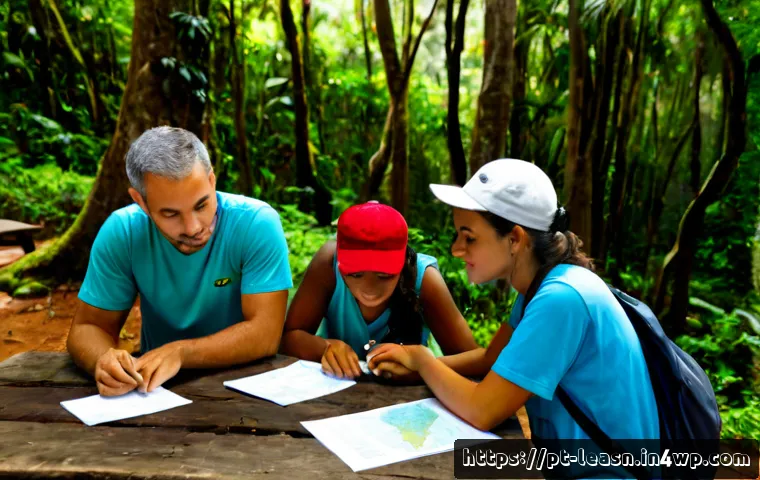 Home 17 자연환경에서의 협력적 학습 방법 - Photorealistic outdoor collaborative learning scene in a lush Atlantic Forest nature reserve in Braz...